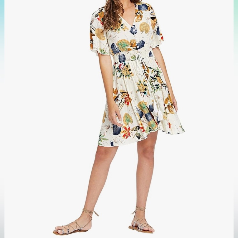 Tropical Print V-Neck Mini Dress